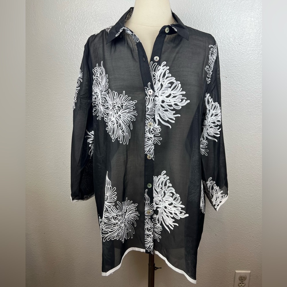 NWT‎ Womens Multiples Black/White Embroidered 3/4 Sleeve Tunic Artsy Size L